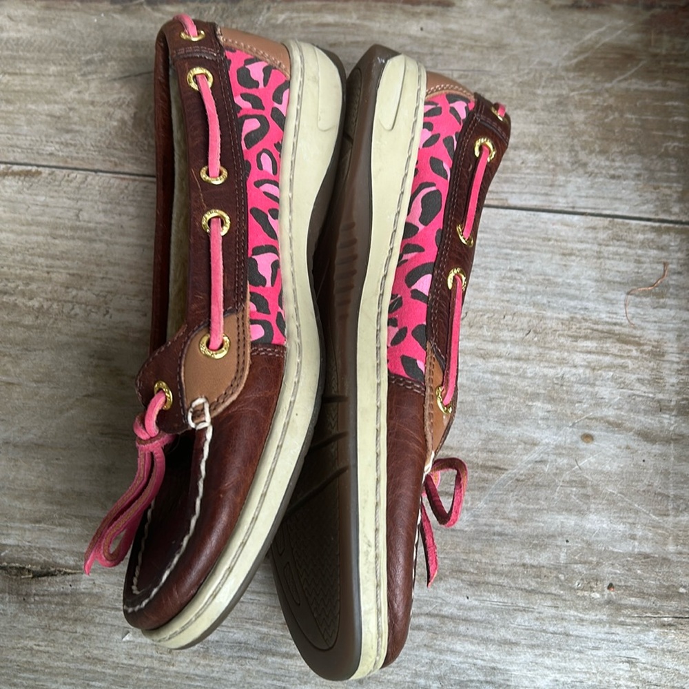 Sperry Brown Boat Shoes with Pink Leopard Print Sz women’s 6 M - Picture 5 of 10